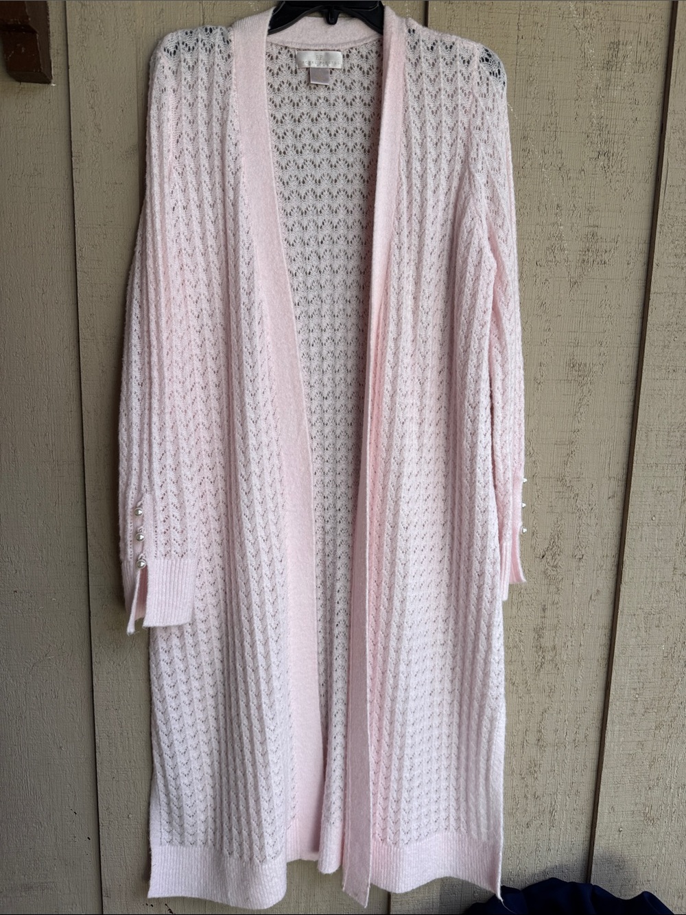 Rachel Parcell Pale Pink Open-Front Long Cardigan with Pearl Cuff Detail